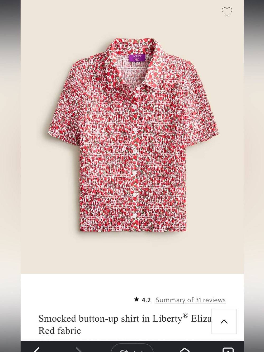 J Crew - Smocked button-up shirt blouse in Liberty Eliza's Red fabric medium